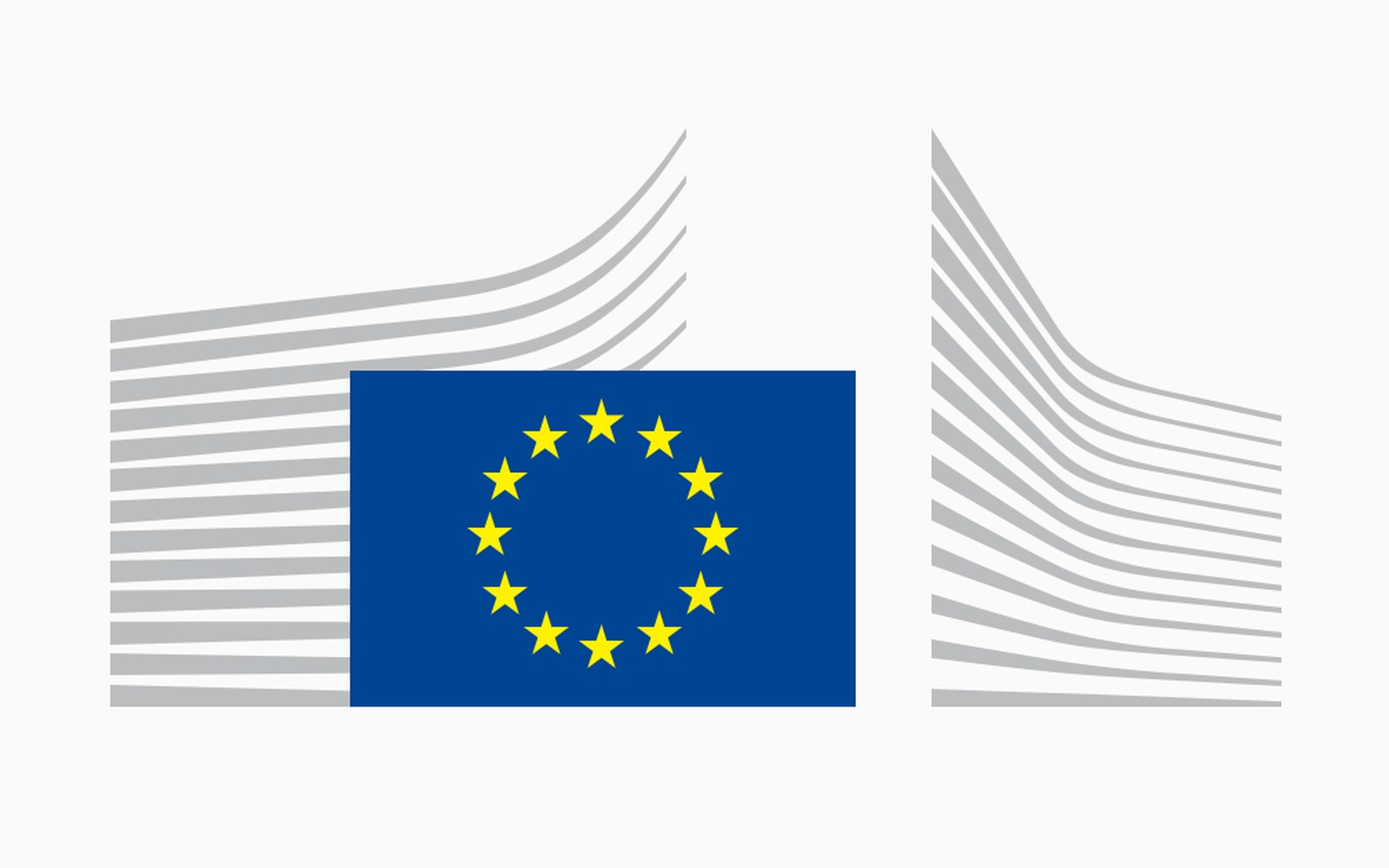 European Union flag against a stylized illustration of the Berlaymont building's curved facade